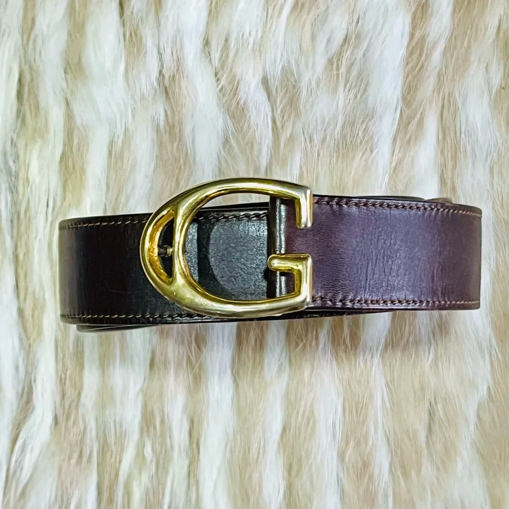 GUCCI G Gold Buckle Brown Leather Classic Unisex Belt